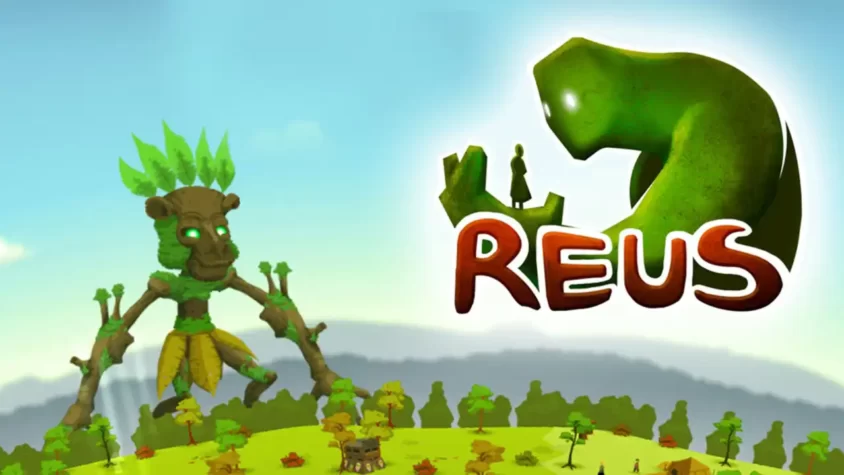 Reus: Управляй гигантами и созидай мир Обложка игры Reus с гигантским существом и логотипом игры