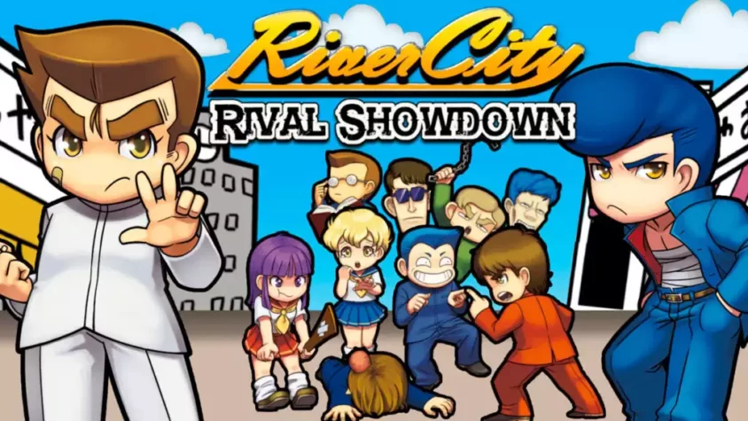 Обложка игры River City: Rival Showdown, где главные герои в бой идут