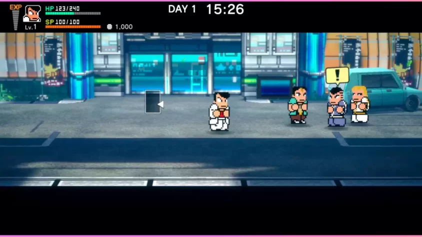 Скриншот игры River City: Rival Showdown, персонажи стоят на улице, готовые к драке