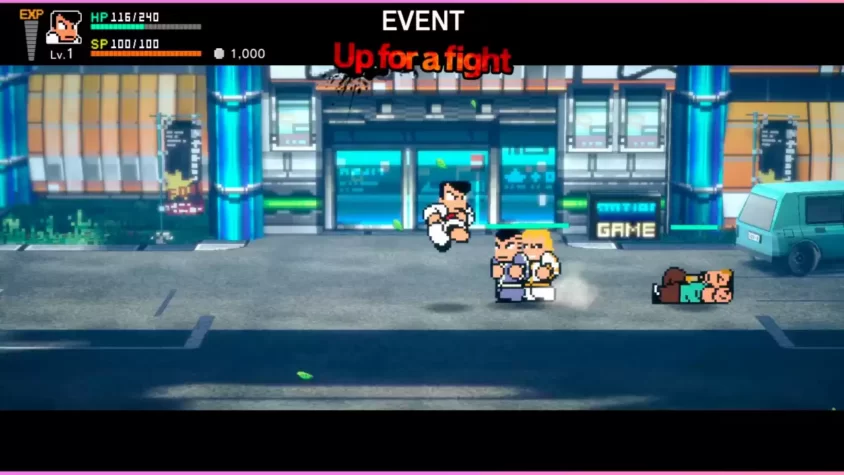 Скриншот игры River City: Rival Showdown, персонаж бьёт врага