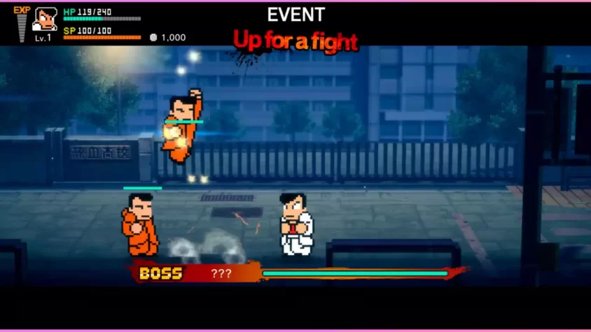 Скриншот игры River City: Rival Showdown, происходит событие с боссом
