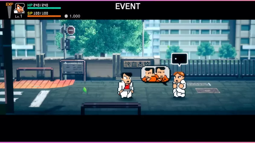 Скриншот игры River City: Rival Showdown, персонажи беседуют после драки