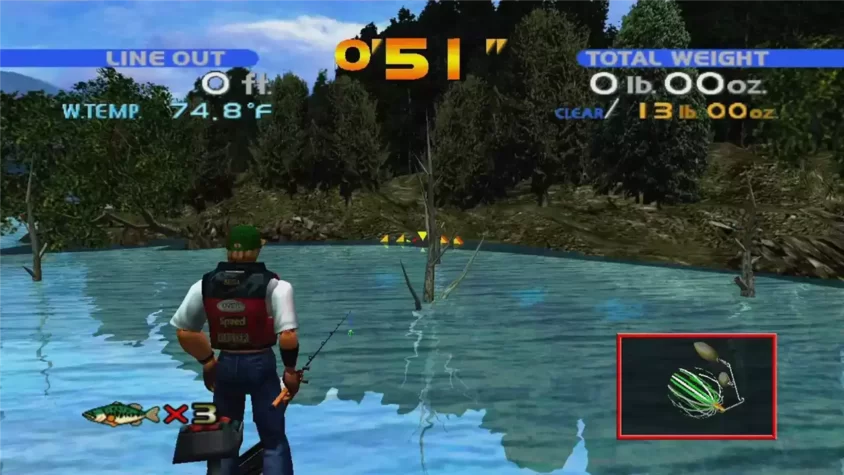 Геймплей SEGA Bass Fishing с видом на рыбака и водоем