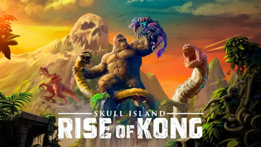 Skull Island: Rise of Kong — Обложка игры Обложка игры Skull Island: Rise of Kong, где Кинг-Конг качает мускулы на фоне горы в виде черепа и динозавров