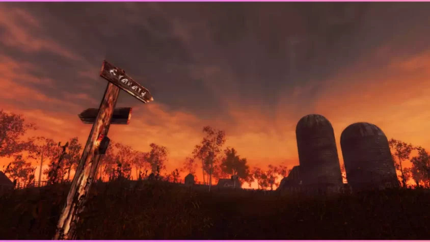 Скриншот игры: лес с указателем в игре Slender: The Arrival VR