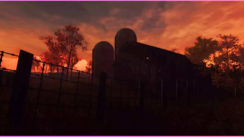 Скриншот игры: ферма с закатом в Slender: The Arrival VR
