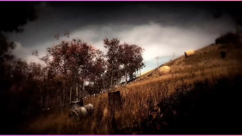 Скриншот игры: поле и заброшенные объекты в Slender: The Arrival VR