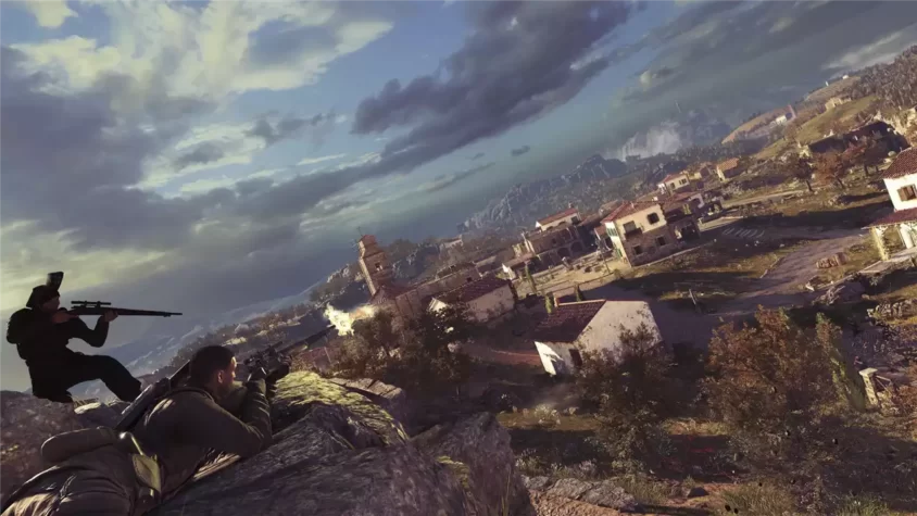 Скриншот игры Sniper Elite 4 с видом на разрушенный мост