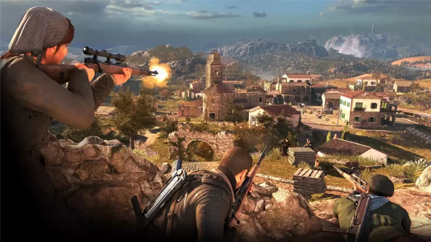 Скриншот игры Sniper Elite 4 с видом на город