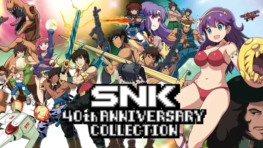 Обложка игры SNK 40th Anniversary Collection — где динозавры, лазеры и хипстеры из 80-х.