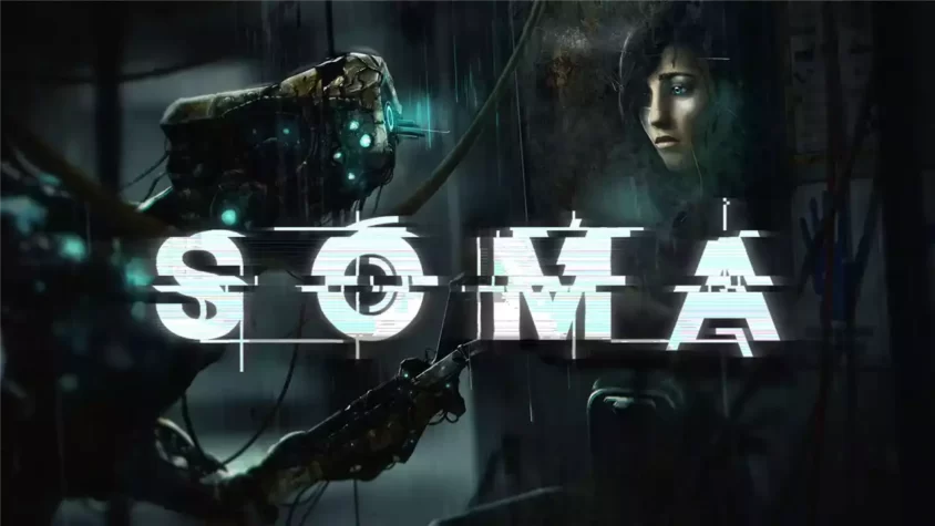 Обложка игры SOMA, с каким-то роботом и странным человеком на фоне