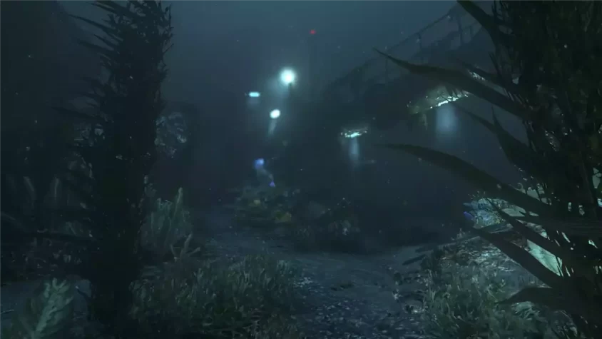Подводный мир игры SOMA, почти всё покрыто зелёными водорослями