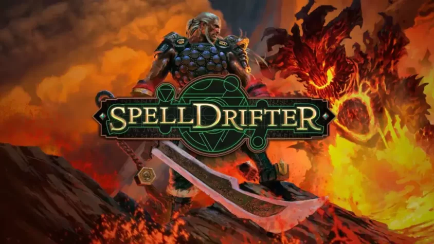 Обложка игры Spelldrifter. Прокачанный персонаж с огромным мечом и красным драконом в фоне.