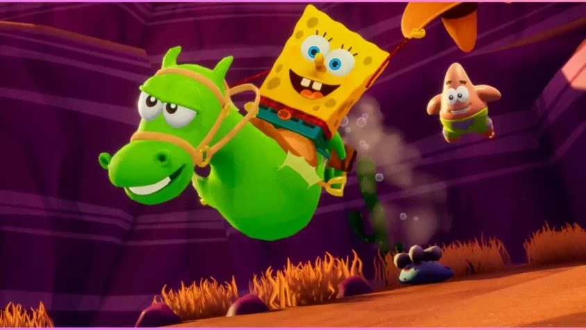 Скриншот из игры SpongeBob SquarePants: The Cosmic Shake — верхом на динозавре