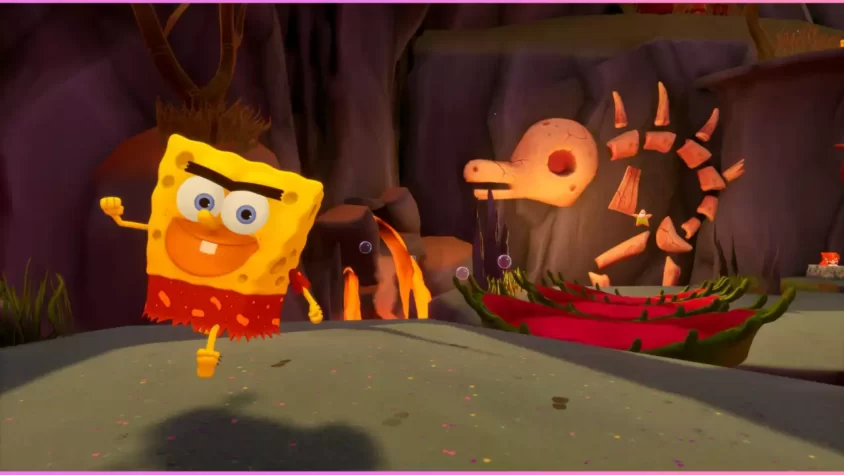 Скриншот из игры SpongeBob SquarePants: The Cosmic Shake — бег по адской местности