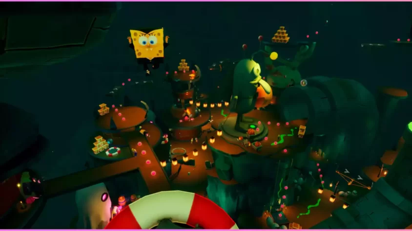 Скриншот из игры SpongeBob SquarePants: The Cosmic Shake — вечерний город под водой