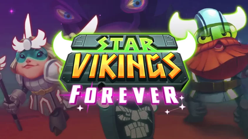 Star Vikings Forever — обложка игры Обложка игры Star Vikings Forever с яркими викингами в космосе