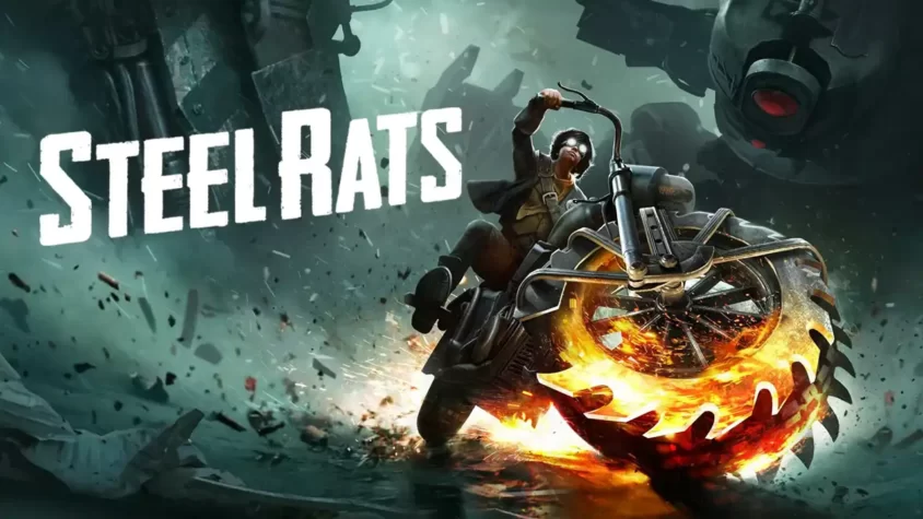 Обложка игры Steel Rats Обложка игры Steel Rats, с изображением персонажа на мотоцикле, борющегося с механическими врагами
