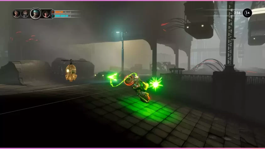 Скриншот из игры Steel Rats, персонаж с электрическими пушками на мотоцикле в мрачной городской обстановке