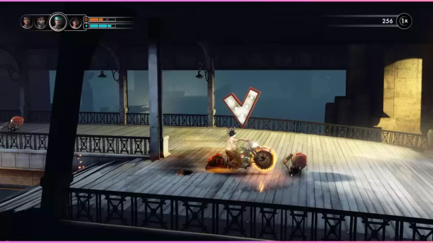 Скриншот из игры Steel Rats, мотоцикл проезжает по железнодорожным путям, с элементами рельсов и света