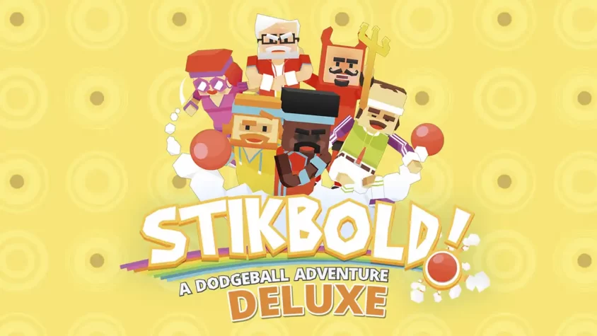 Обложка игры Stikbold A Dodgeball Adventure Deluxe. Пиксельные персонажи готовятся к бою с мячами.