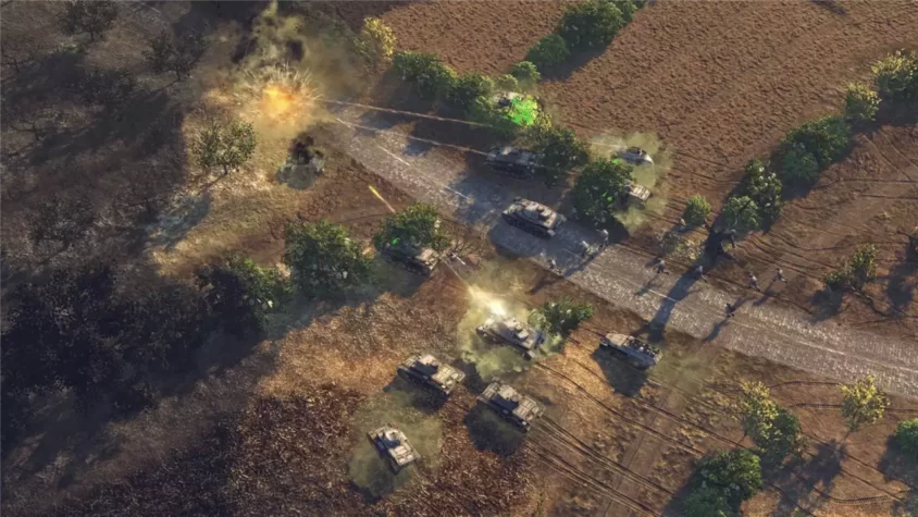 Скриншот из игры Sudden Strike 4, бои на поле с танками