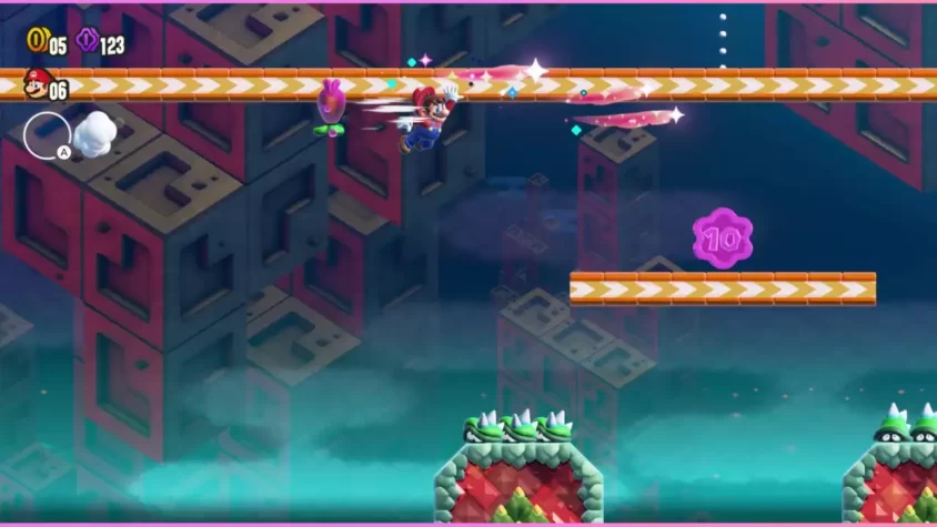 Скриншот игры Super Mario Bros. Wonder с Марио и друзьями на фоне фантастического мира