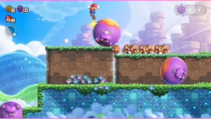 Скриншот игры Super Mario Bros. Wonder с нестандартным миром и платформами
