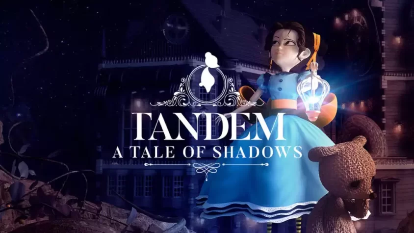 Tandem: A Tale of Shadows — Обложка игры Обложка игры с милым персонажем и игрушечным медведем на фоне ночного города