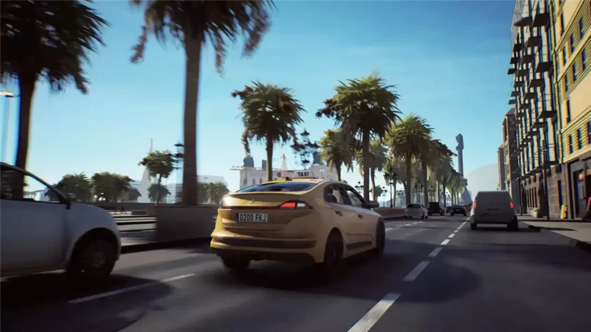 Такси на фоне красивой набережной в игре Taxi Life: A City Driving Simulator