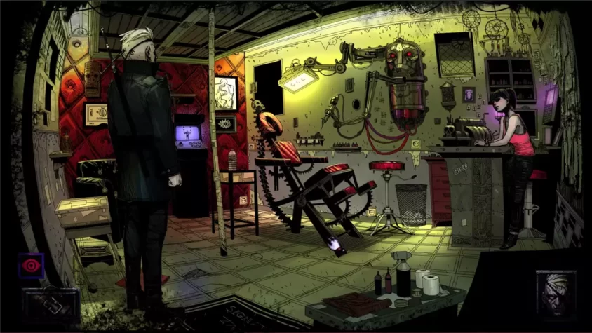 Скриншот из игры с индустриальным интерьером, где присутствуют роботы и механизмы