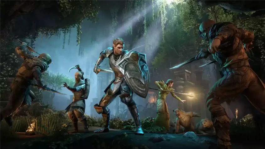 Герои в полном вооружении на фоне флагов в The Elder Scrolls Online