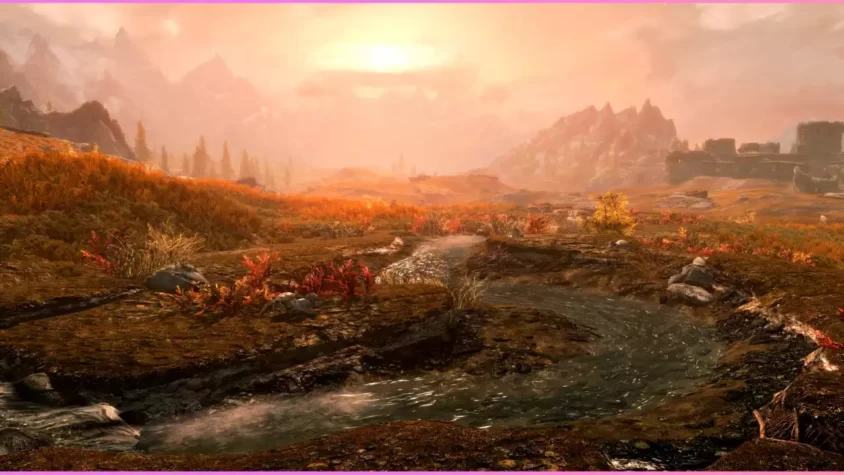 Красивые просторы Skyrim на закате
