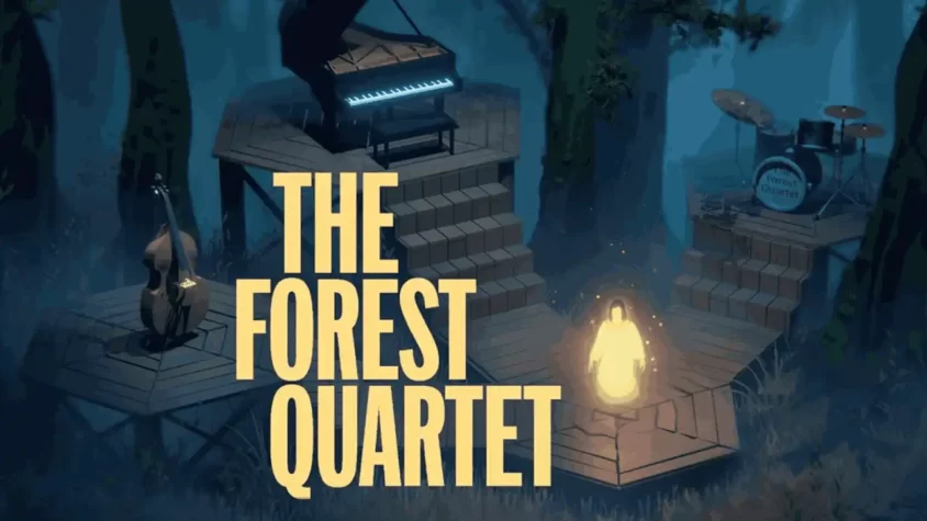 Обложка игры The Forest Quartet, изображение загадочной сцены с музыкальными инструментами
