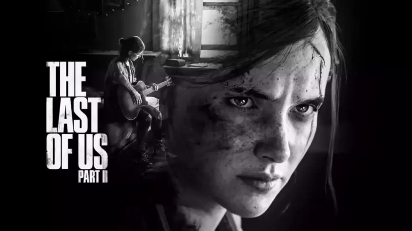 The Last of Us Part II - Обложка Обложка игры 'The Last of Us Part II', изображение с Элли, которая играет на гитаре, и её профиль, полный страха и решимости
