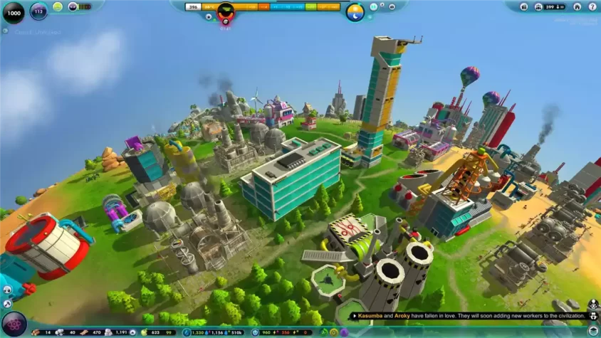 Скриншот из игры The Universim, развивающийся город на планете с яркими зданиями