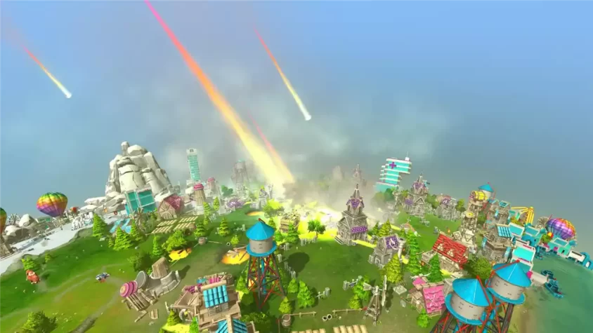 Скриншот разрушенного города в The Universim, падают метеориты