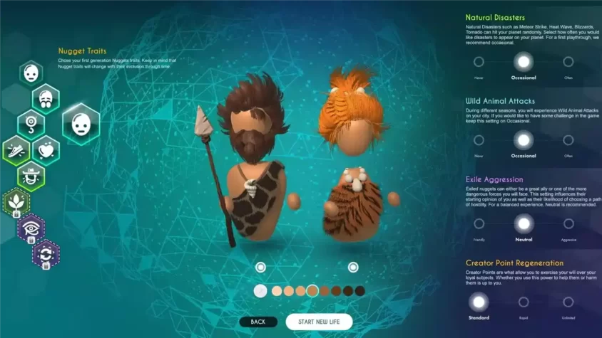 Меню создания персонажей в The Universim, выбор начальных черт для существ