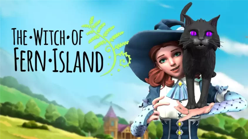 Обложка игры 'The Witch of Fern Island' с изображением ведьмы и её кошки