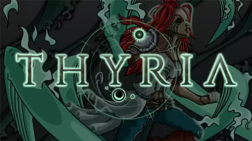 Обложка игры Thyria с ярким логотипом и персонажем, готовым к действию
