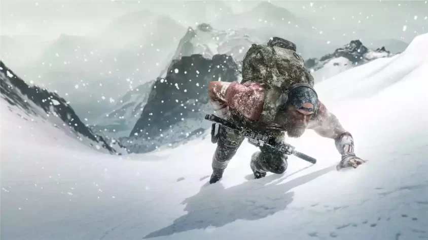 Скала и солдат, поднимающийся по снегу в Tom Clancy's Ghost Recon Breakpoint