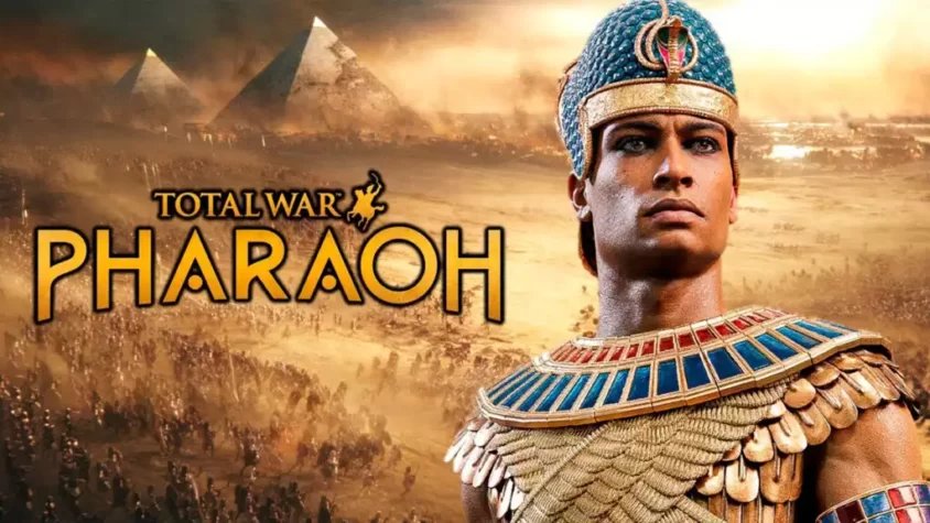 Обложка игры Total War: Pharaoh с фараоном на переднем плане и египетскими пирамидами на фоне