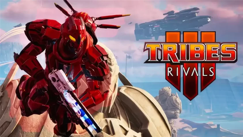 Tribes 3: Rivals - Обложка игры Обложка игры Tribes 3: Rivals, где робот в красном снаряжении с оружием, а на фоне небеса и вражеские корабли