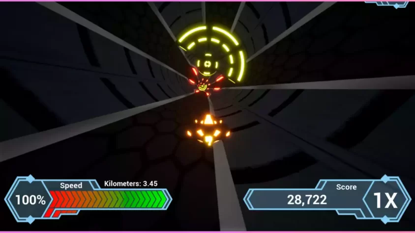 Скриншот игры Turbo Tunnel, экран с индикатором километража и очков