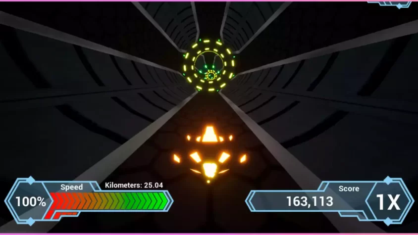 Скриншот игры Turbo Tunnel с километражом 25.04 и очками