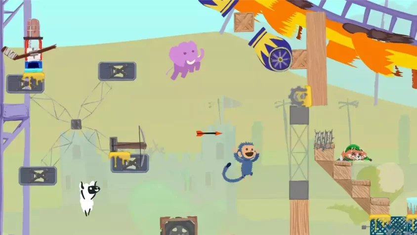 Скриншот из игры Ultimate Chicken Horse с платформами и препятствиями