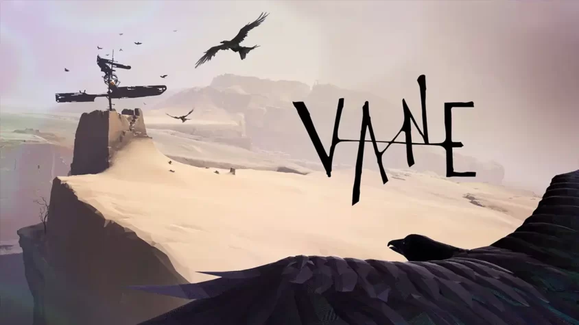 Обложка игры Vane, с изображением птицы и пустынного ландшафта