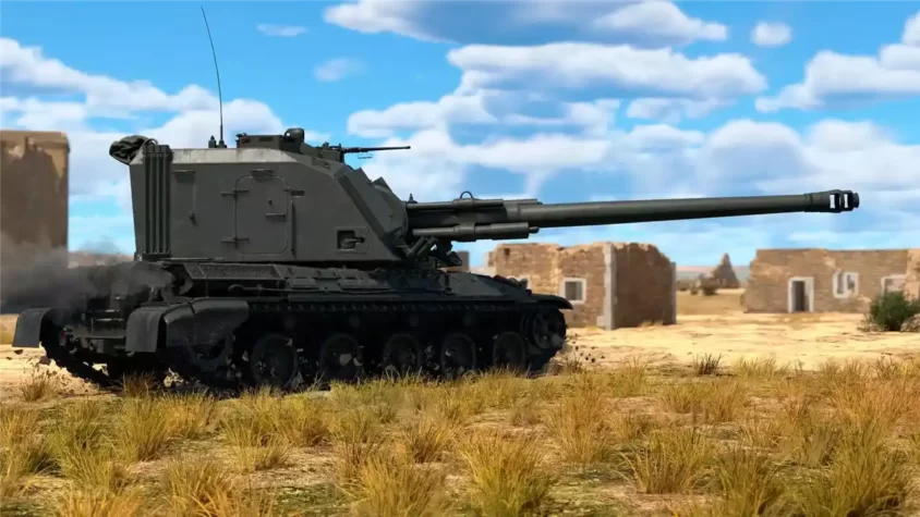 Экран из игры: танк на поле боя с выстрелом