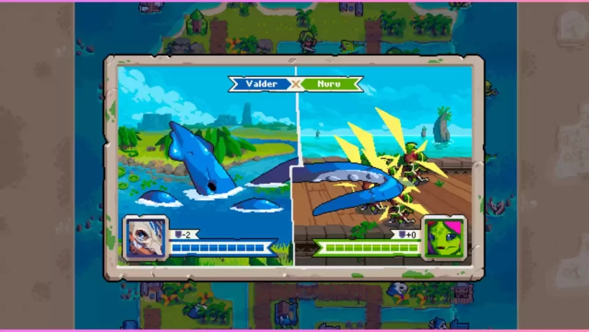 Скриншот из игры Wargroove 2: сражение на воде с гигантской акулой