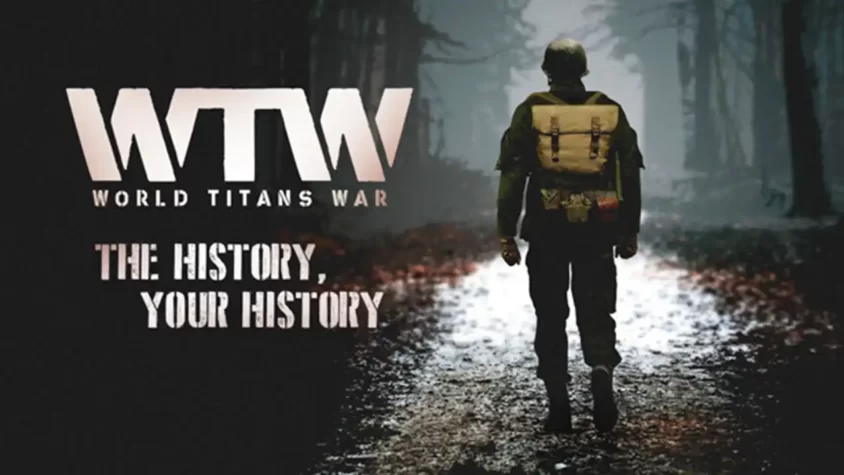 World Titans War - Обложка Обложка игры World Titans War, напоминающая сцены из дешевого военного фильма, где человек в рюкзаке идет по лесу
